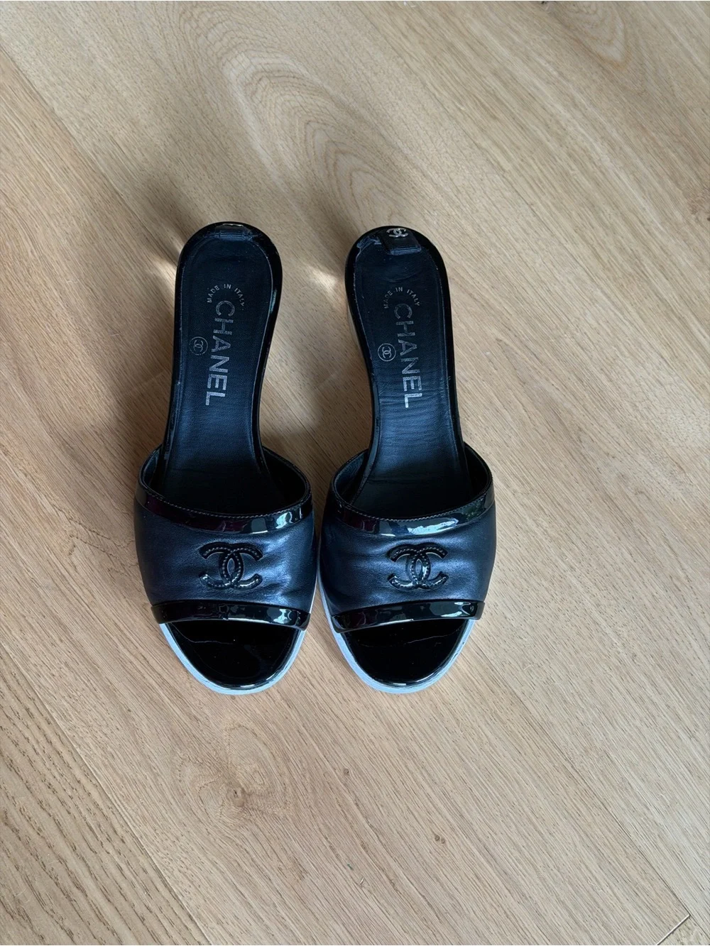 CHANEL Black Patent & Leather Open-Toe Mules POV sandals
